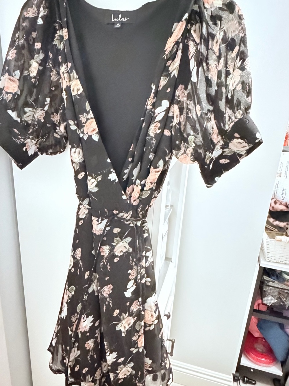Lulu's Black Floral Wrap Dress with Peach and Cream Blooms